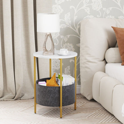 Round End Table for Small Space with Removable Fabric Basket and Metal Frame
