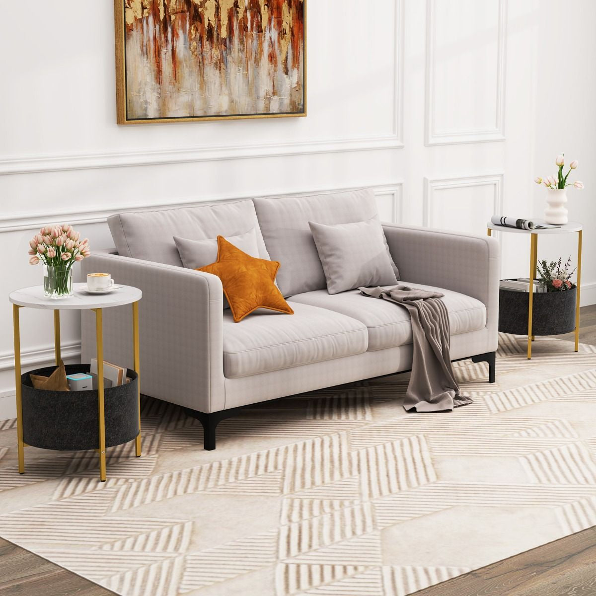 Round End Table for Small Space with Removable Fabric Basket and Metal Frame