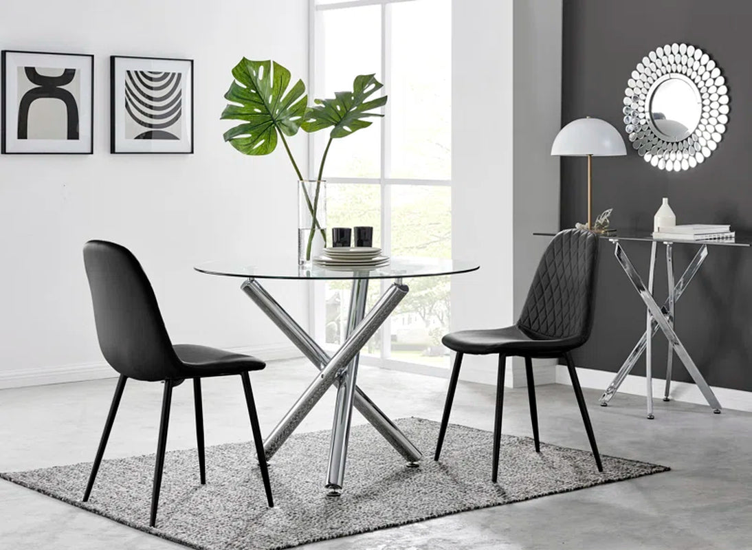 Seline Modern round Dining Table Set in Glass and Chrome with 2 Luxury Faux Leather Dining Chairs