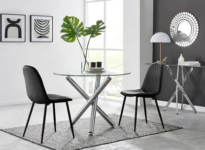 Seline Modern round Dining Table Set in Glass and Chrome with 2 Luxury Faux Leather Dining Chairs