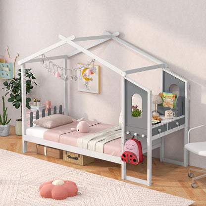 Single/Double House Bed Wood Montessori Bed Frame with Desk