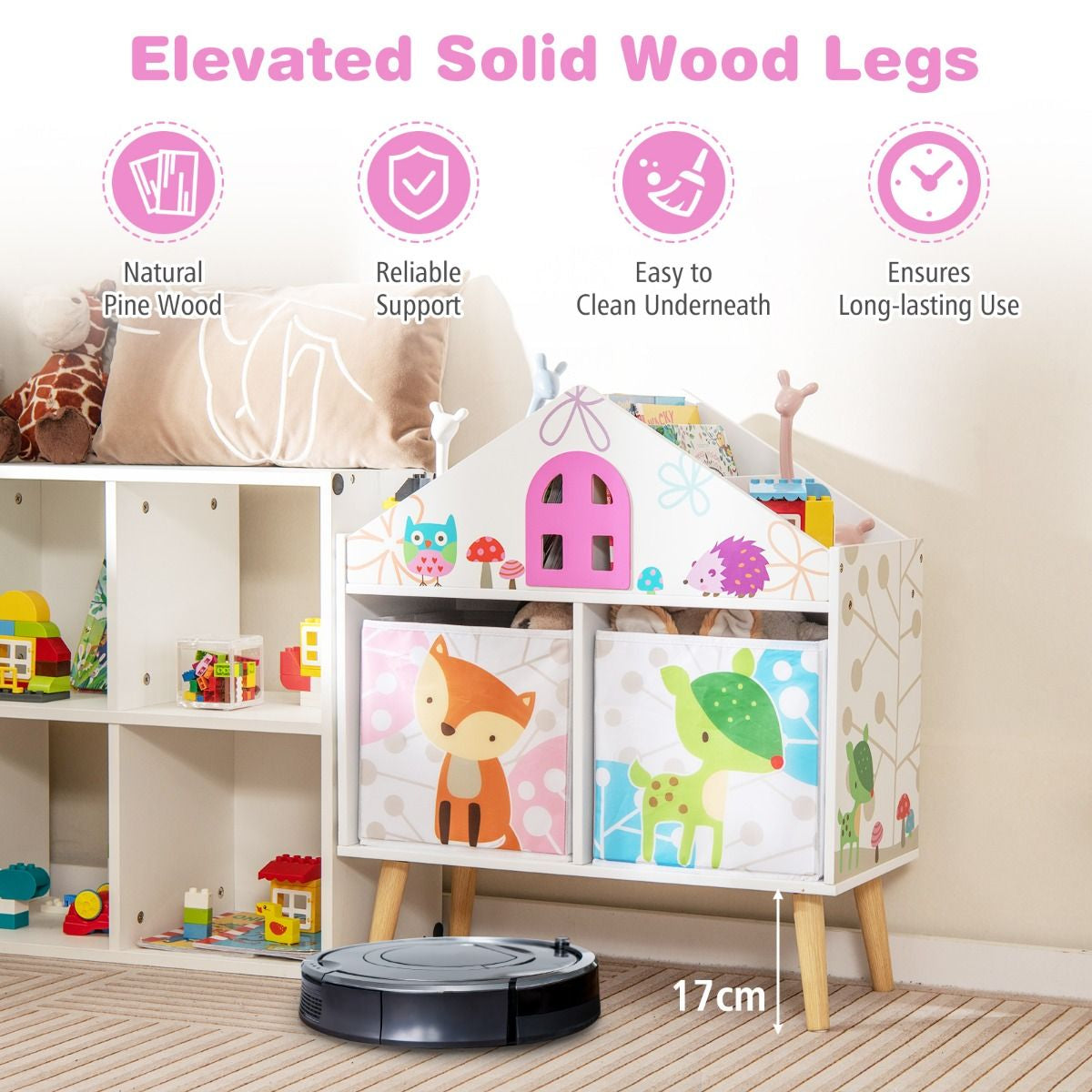 Kids House-Shaped Bookshelf with 2 Storage Bins and Elevated Solid Wood Legs