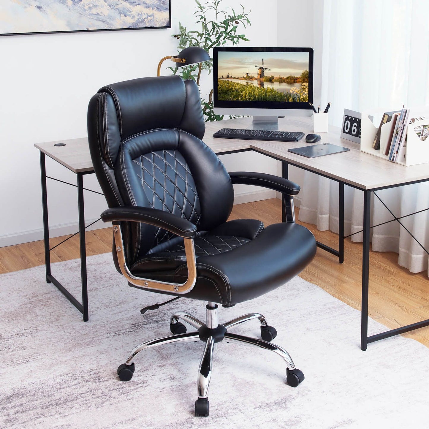 Leather Office Chair with Rocking Mode and Armrests