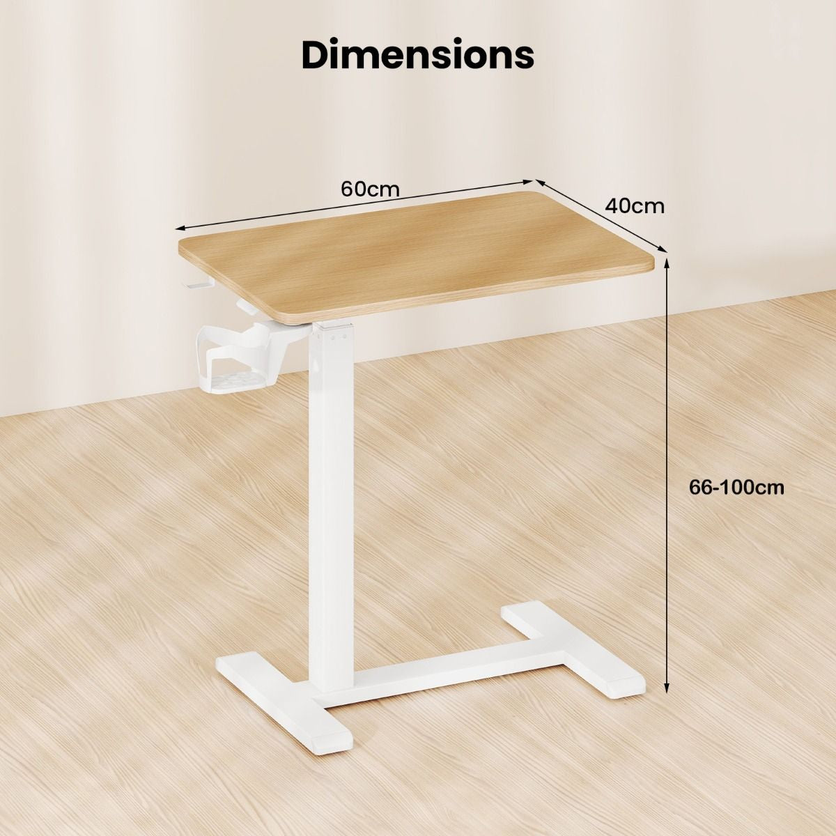 Height Adjustable Overbed Bedside Table with Cup Holder and Headphone Hook
