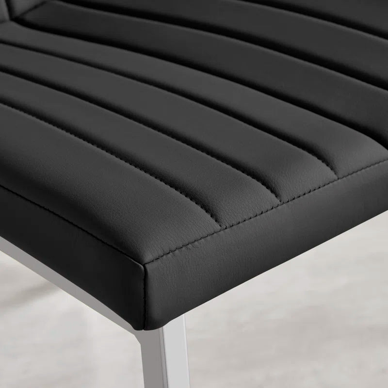 Faux Leather Modern Tall Back Dining Chairs with Chrome Metal Legs & Vertical Stitching