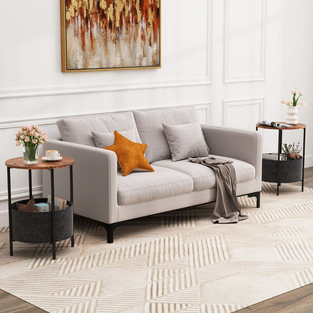 Round End Table for Small Space with Removable Fabric Basket and Metal Frame