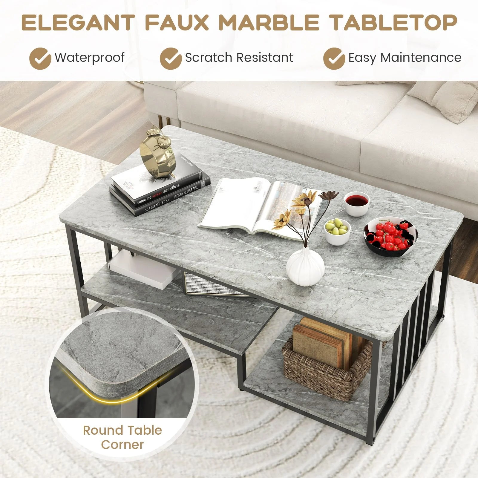 Faux Marble Coffee Table with Open Storage Shelf