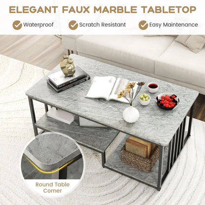 Faux Marble Coffee Table with Open Storage Shelf