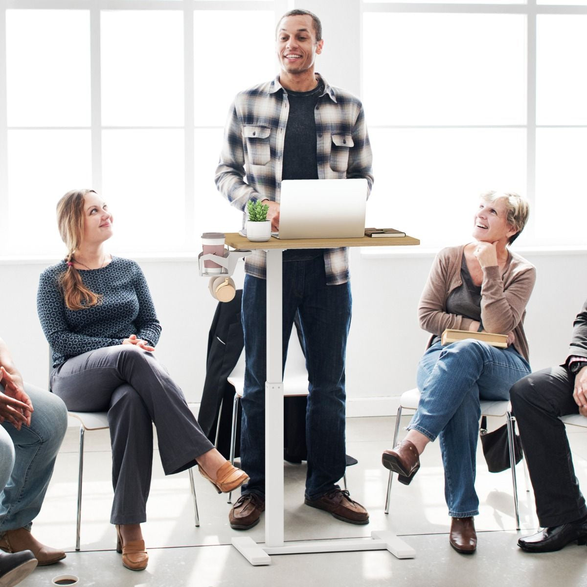 Height Adjustable Overbed Bedside Table with Cup Holder and Headphone Hook