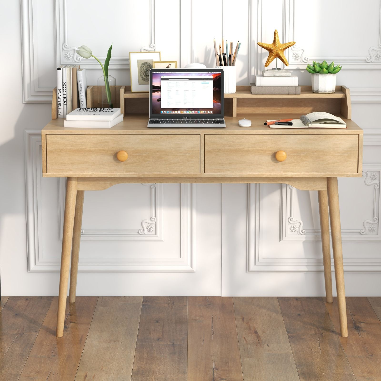 120 CM Writing Desk with Hutch and Drawers for Bedroom