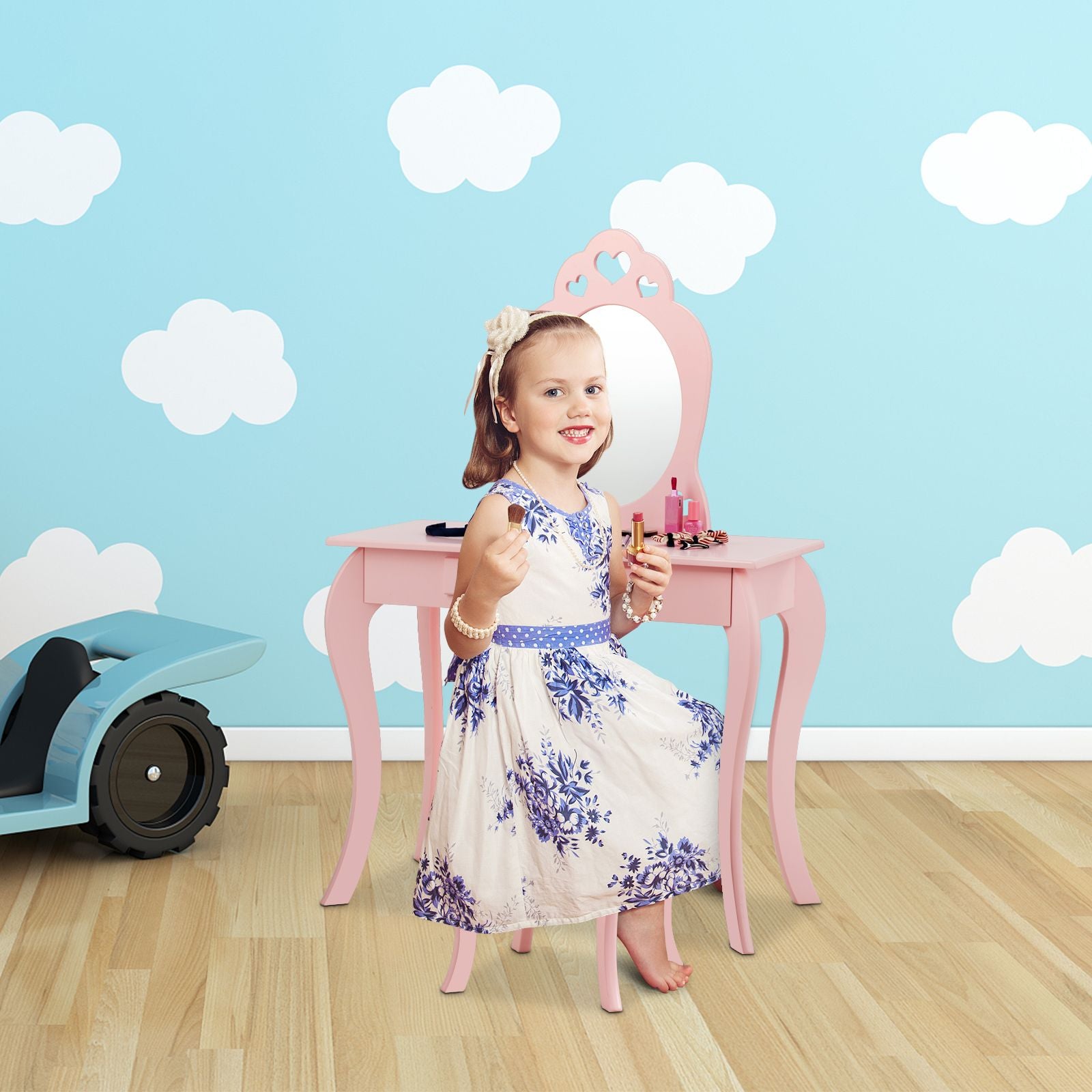 Kids Vanity Table and Stool with Removable Mirror and Drawer