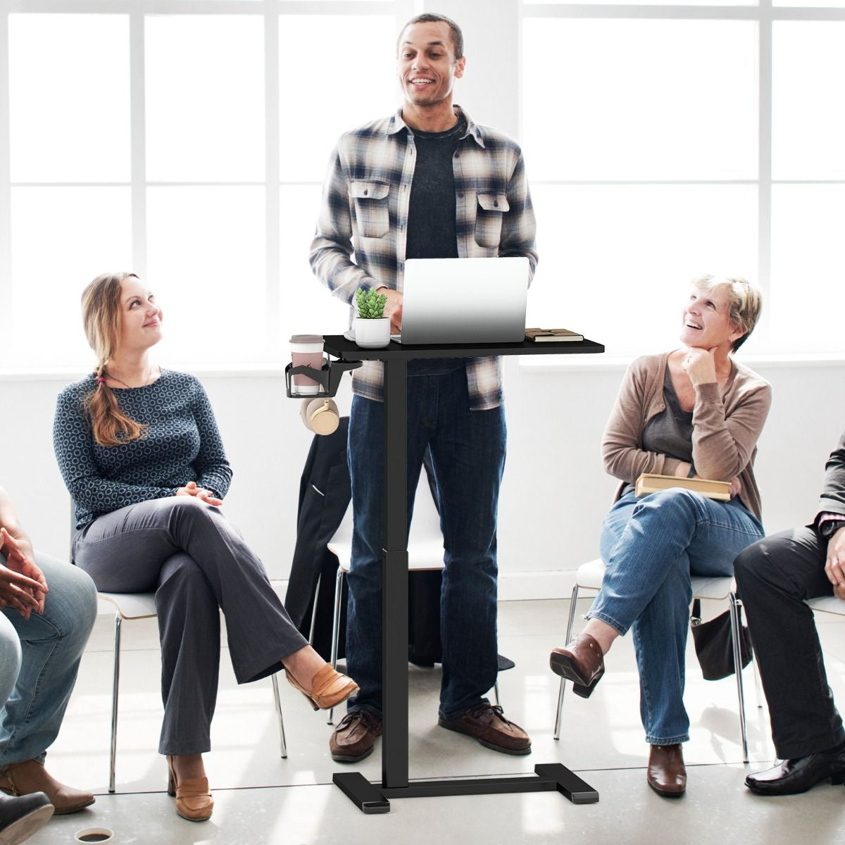 Height Adjustable Overbed Bedside Table with Cup Holder and Headphone Hook