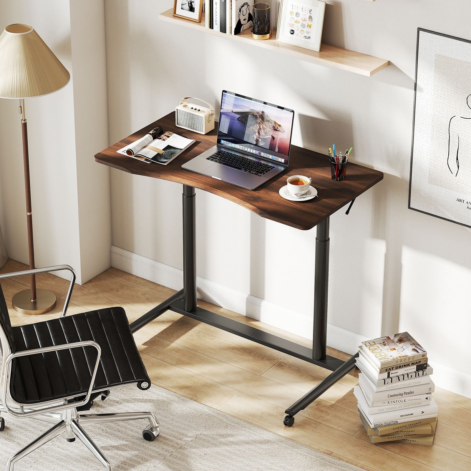 C-Shaped Mobile Standing Desk with Adjustable Height and Lockable Wheels