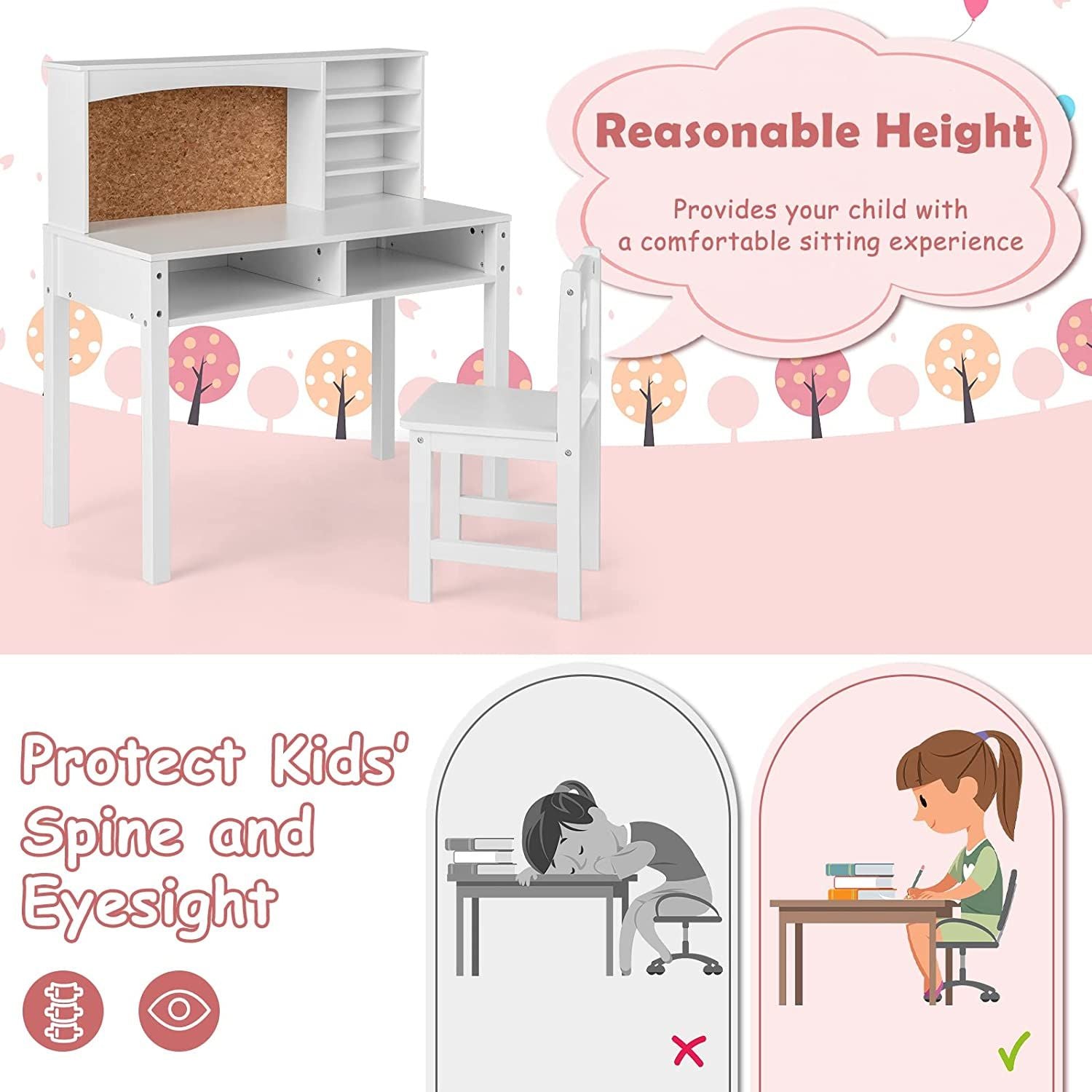 Wooden Kids Desk and Chair Set with Hutch for Studying and Reading