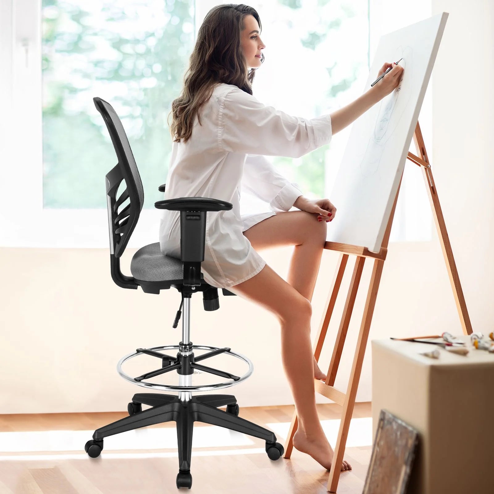 Mesh Drafting Chair with Adjustable Footrest