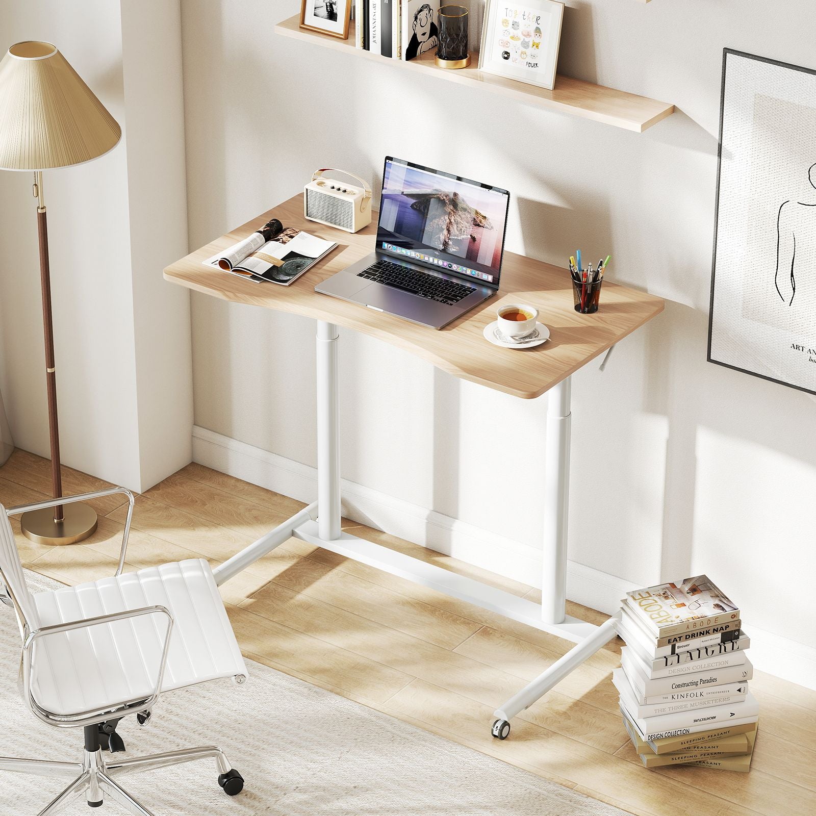 C-Shaped Mobile Standing Desk with Adjustable Height and Lockable Wheels