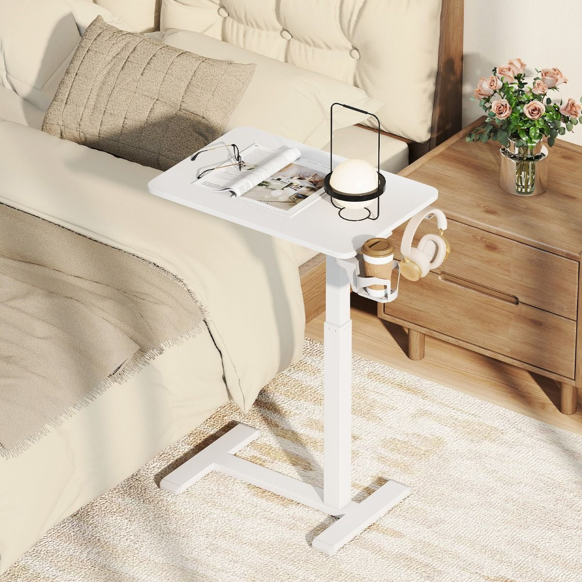 Height Adjustable Overbed Bedside Table with Cup Holder and Headphone Hook