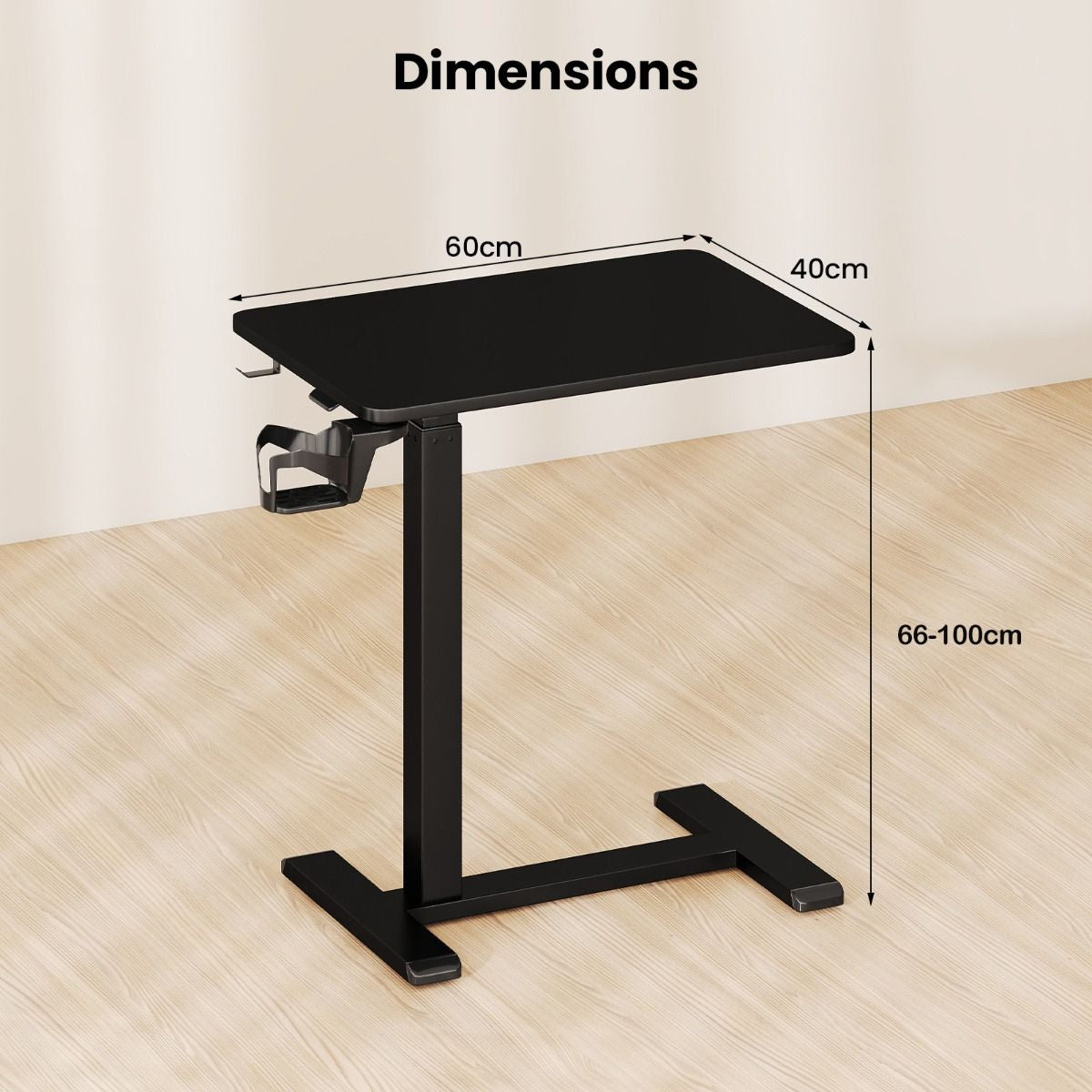 Height Adjustable Overbed Bedside Table with Cup Holder and Headphone Hook