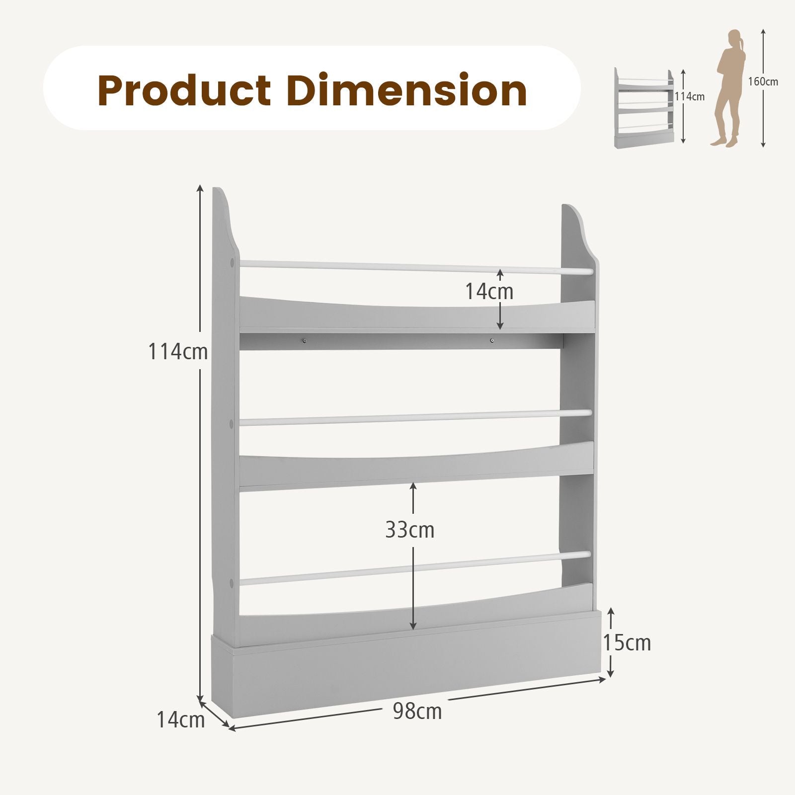3-Tier Standing Bookshelf with 2 Anti-Tipping Kits and Guardrails-Grey