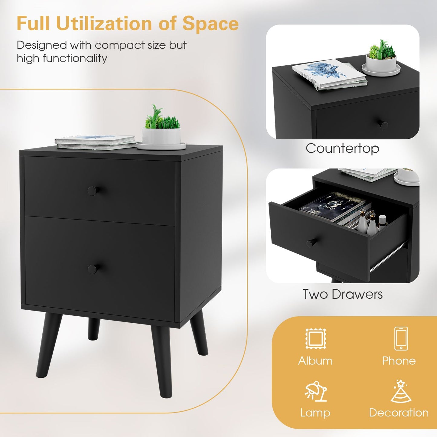 2-Drawer Nightstand with Solid Rubber Wood Legs and Large Storage Space