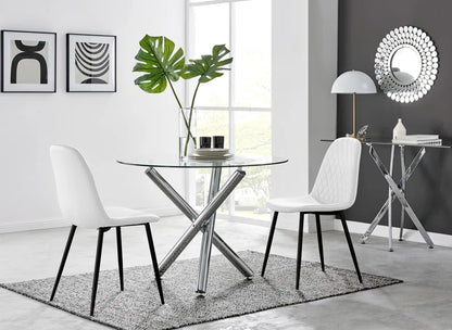 Seline Modern round Dining Table Set in Glass and Chrome with 2 Luxury Faux Leather Dining Chairs