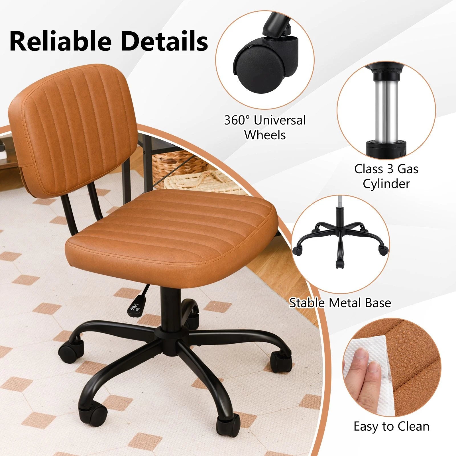 Home Office Small Armless Desk Chair with Wheels and Lumbar Support