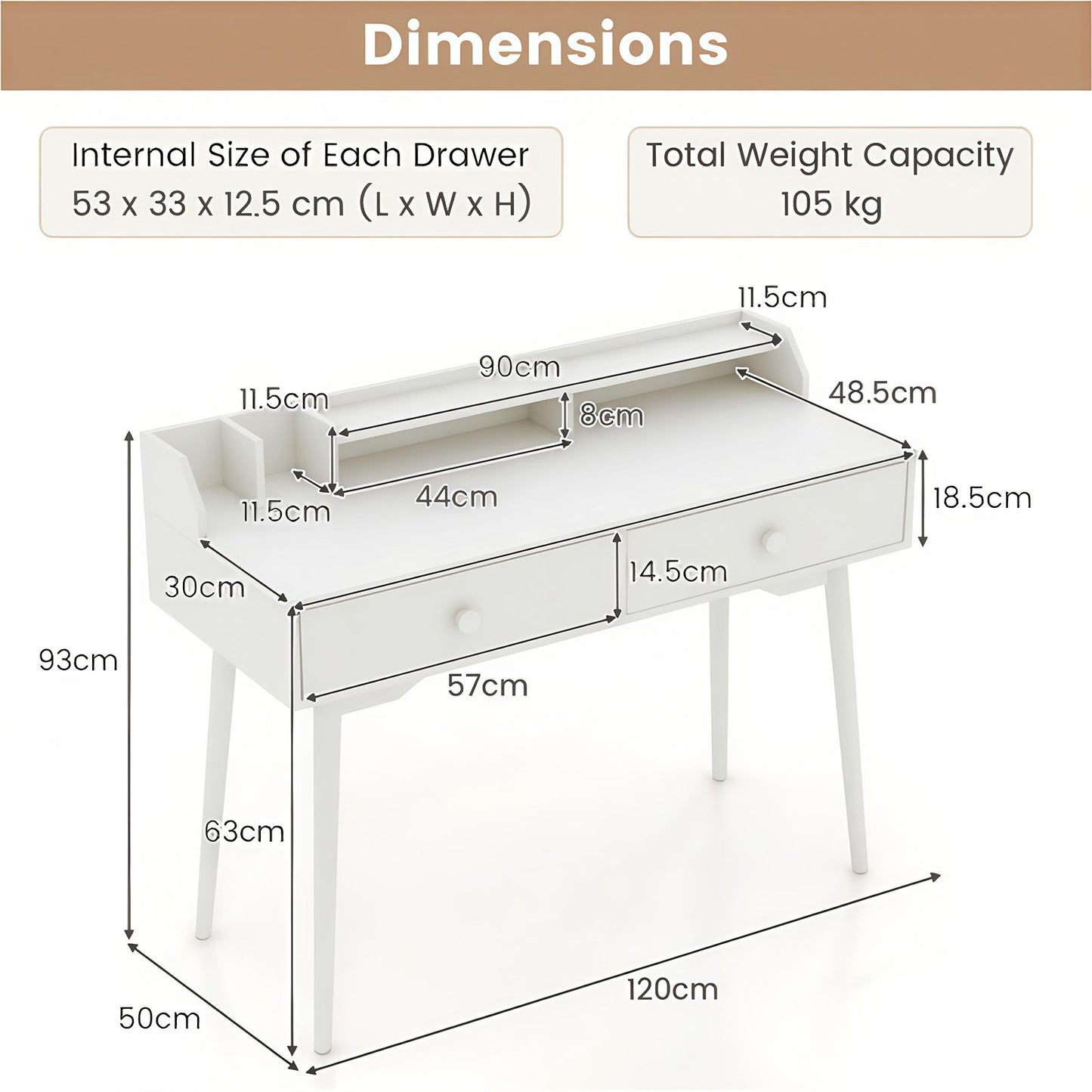 120 CM Writing Desk with Hutch and Drawers for Bedroom