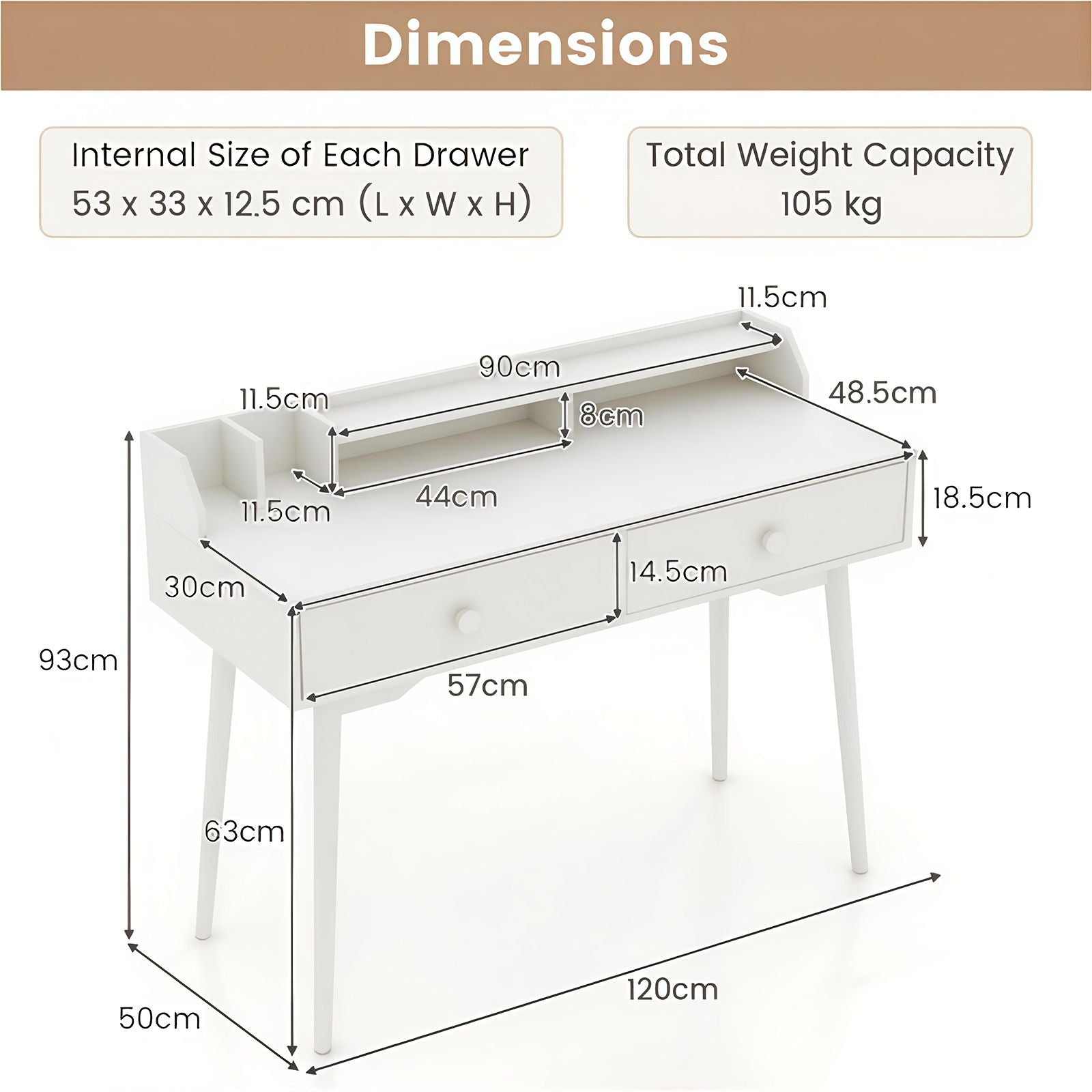 120 CM Writing Desk with Hutch and Drawers for Bedroom