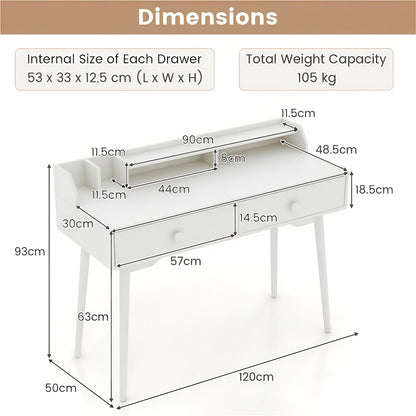 120 CM Writing Desk with Hutch and Drawers for Bedroom