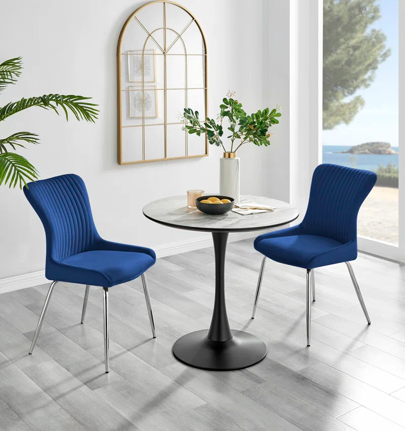 Eubanks White Marble Effect Melamine round 80Cm Dining Table and Chairs - 2 Velvet Dining Chairs