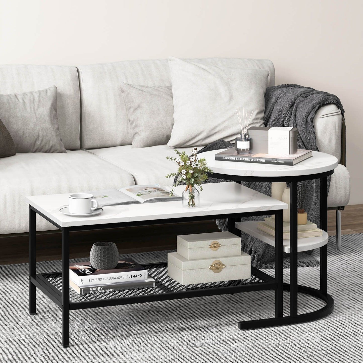 Set of 2 Nesting Coffee Table with Extra Storage Shelf