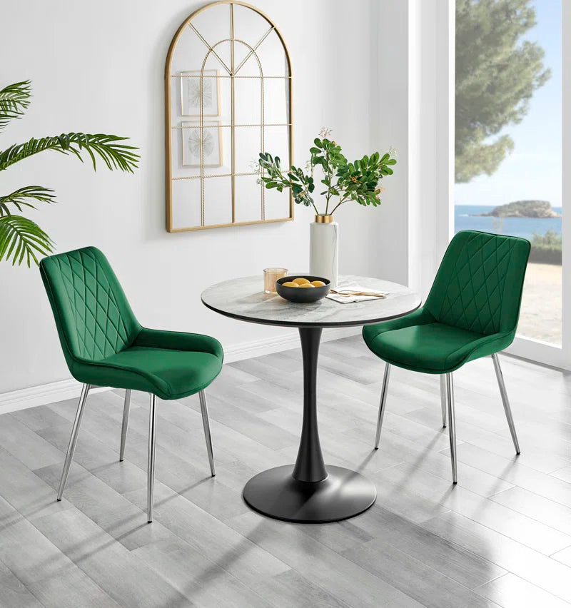 Ellis White Marble Effect Melamine round Dining Table Set with 2 Luxury Velvet Dining Chairs