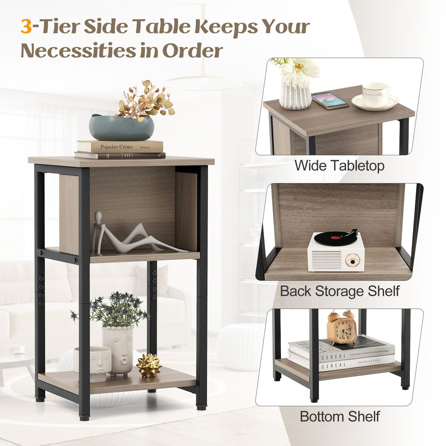 3-Tier Nightstand with Storage Shelf for Small Spaces