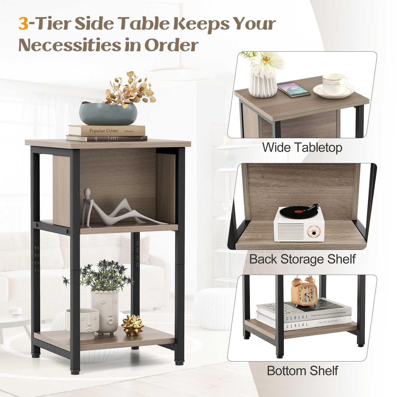 3-Tier Nightstand with Storage Shelf for Small Spaces