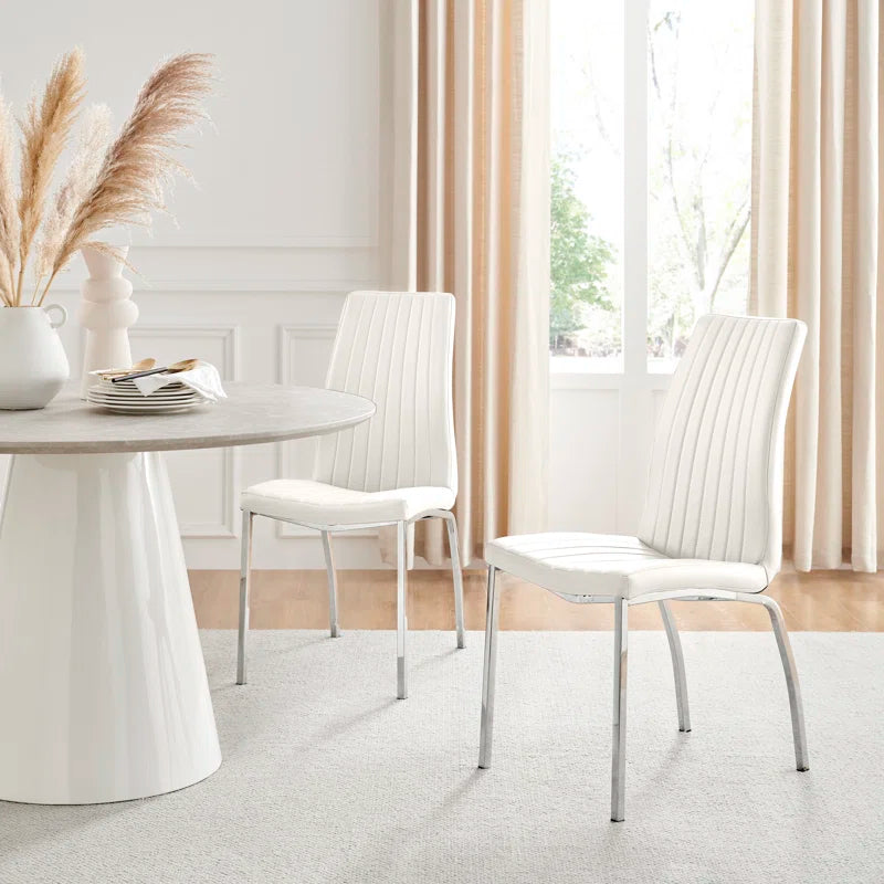 Faux Leather Modern Tall Back Dining Chairs with Chrome Metal Legs & Vertical Stitching