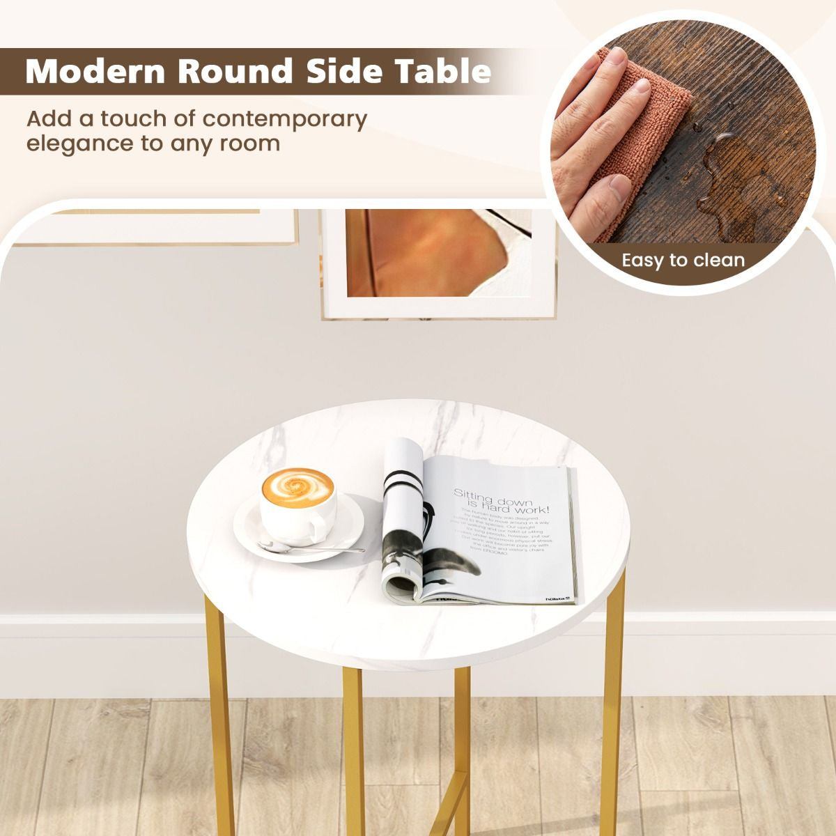 Round End Table for Small Space with Removable Fabric Basket and Metal Frame