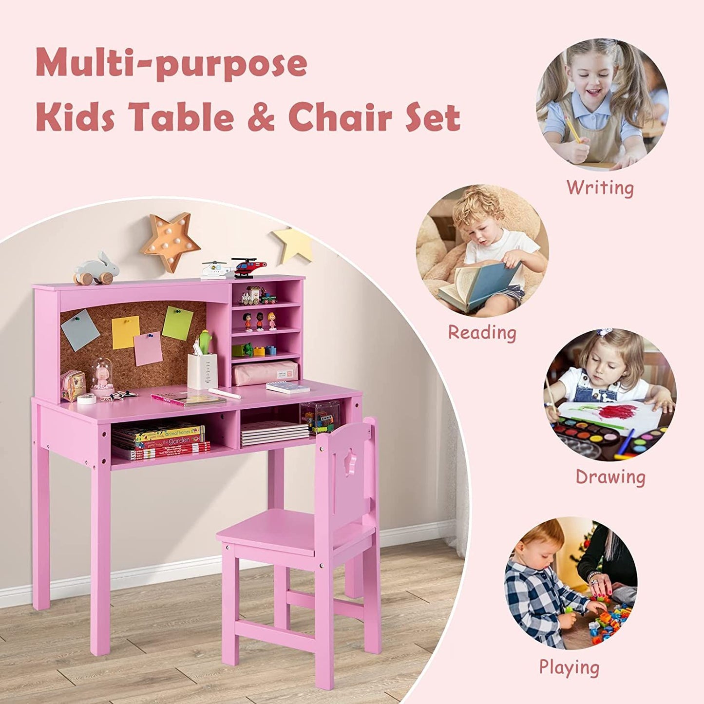 Wooden Kids Desk and Chair Set with Hutch for Studying and Reading