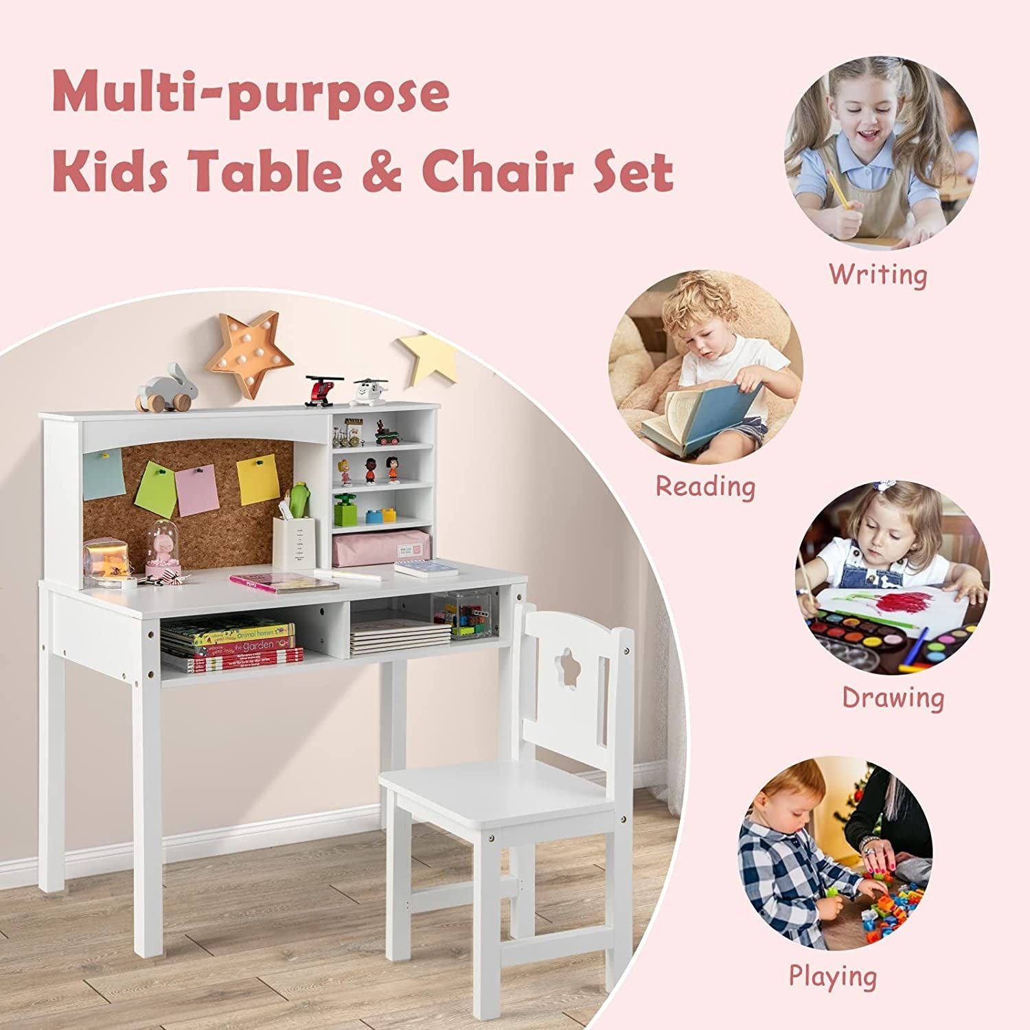 Wooden Kids Desk and Chair Set with Hutch for Studying and Reading
