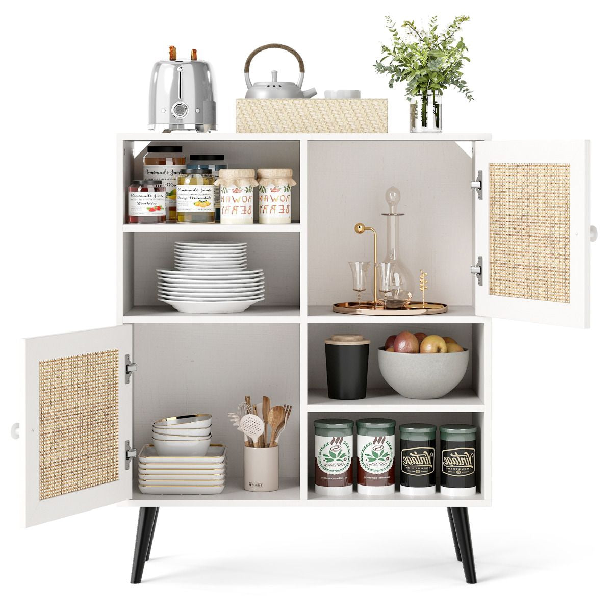 Rattan Sideboard Buffet Cabinet with 4 Cubbies and 2 Rattan-Decorated Doors