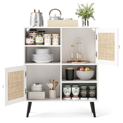 Rattan Sideboard Buffet Cabinet with 4 Cubbies and 2 Rattan-Decorated Doors
