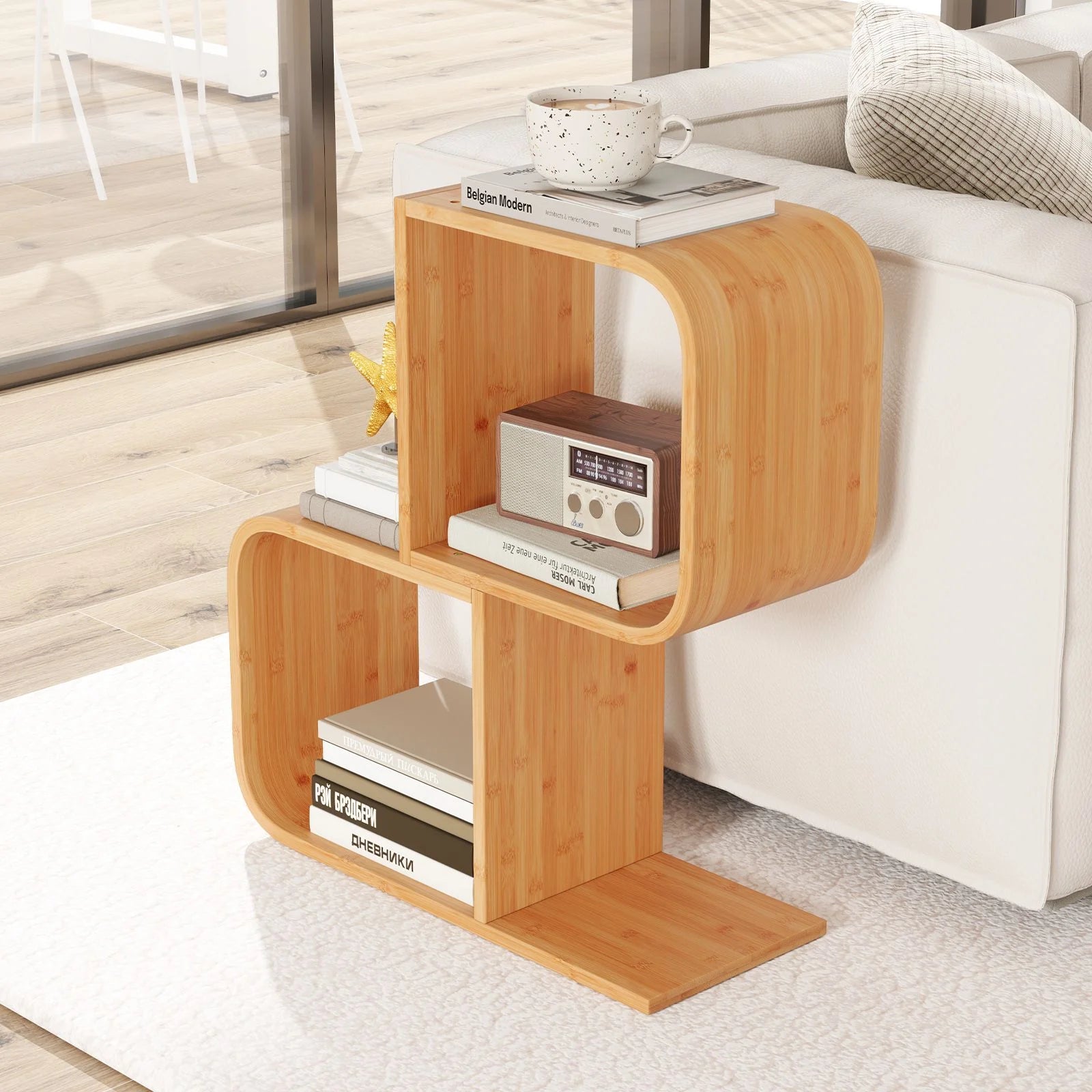 2/3/4/5-Tier S-Shaped Bookcase Bamboo Bookshelf with Open Cubes