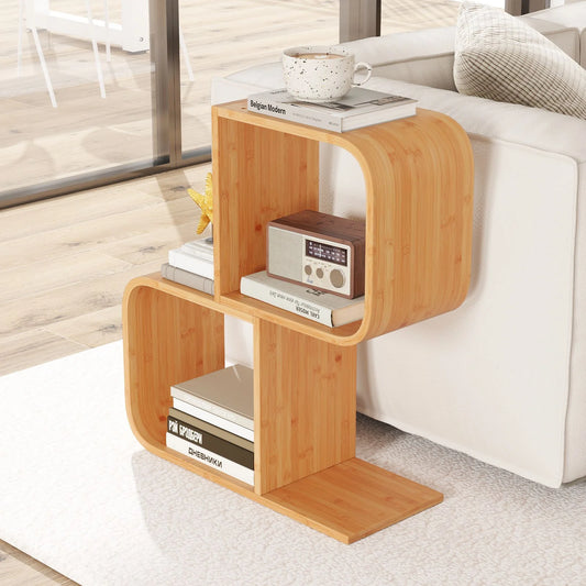 2/3/4/5-Tier S-Shaped Bookcase Bamboo Bookshelf with Open Cubes