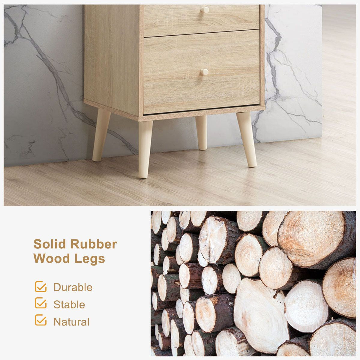 2-Drawer Nightstand with Solid Rubber Wood Legs and Large Storage Space