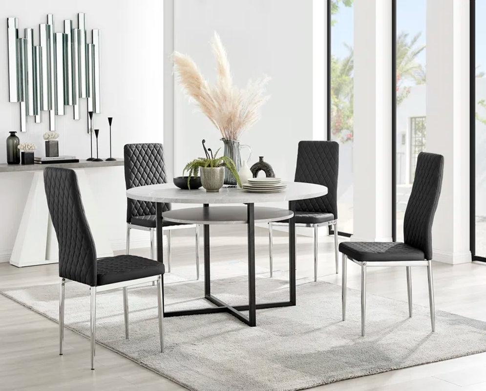 Adler round Dining Table Set with Shelf & 4 Quilted Faux Leather Dining Chairs