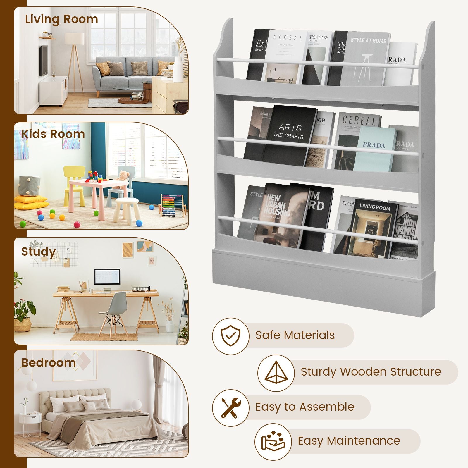 3-Tier Standing Bookshelf with 2 Anti-Tipping Kits and Guardrails-Grey