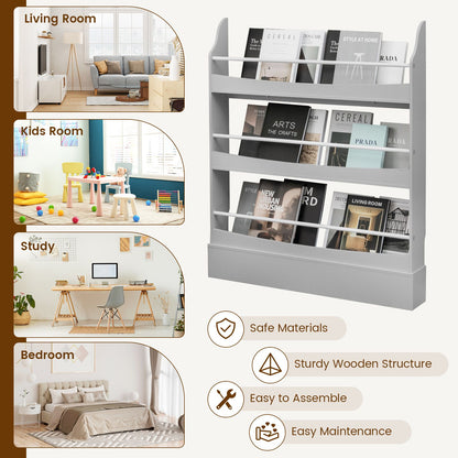 3-Tier Standing Bookshelf with 2 Anti-Tipping Kits and Guardrails-Grey