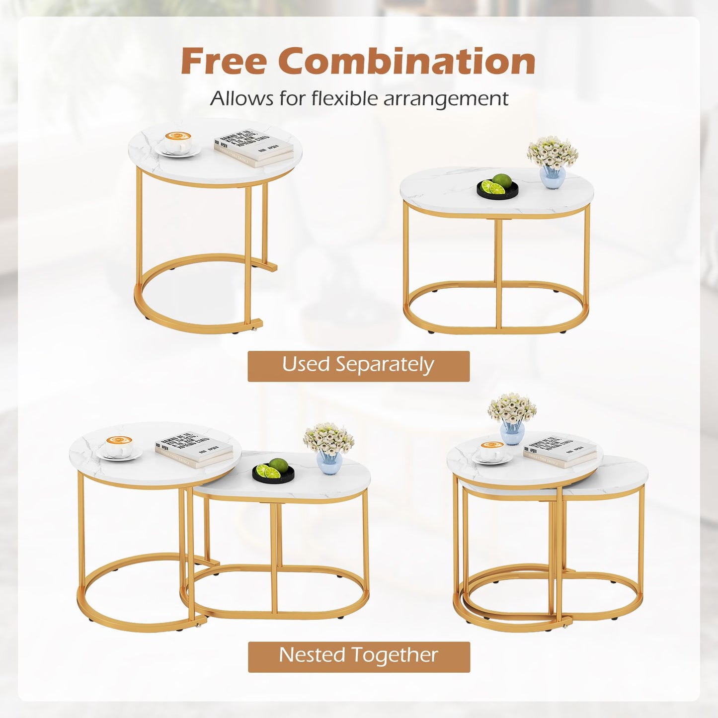 Coffee Table Set of 2 Modern Side Tables with White Faux Marble Top