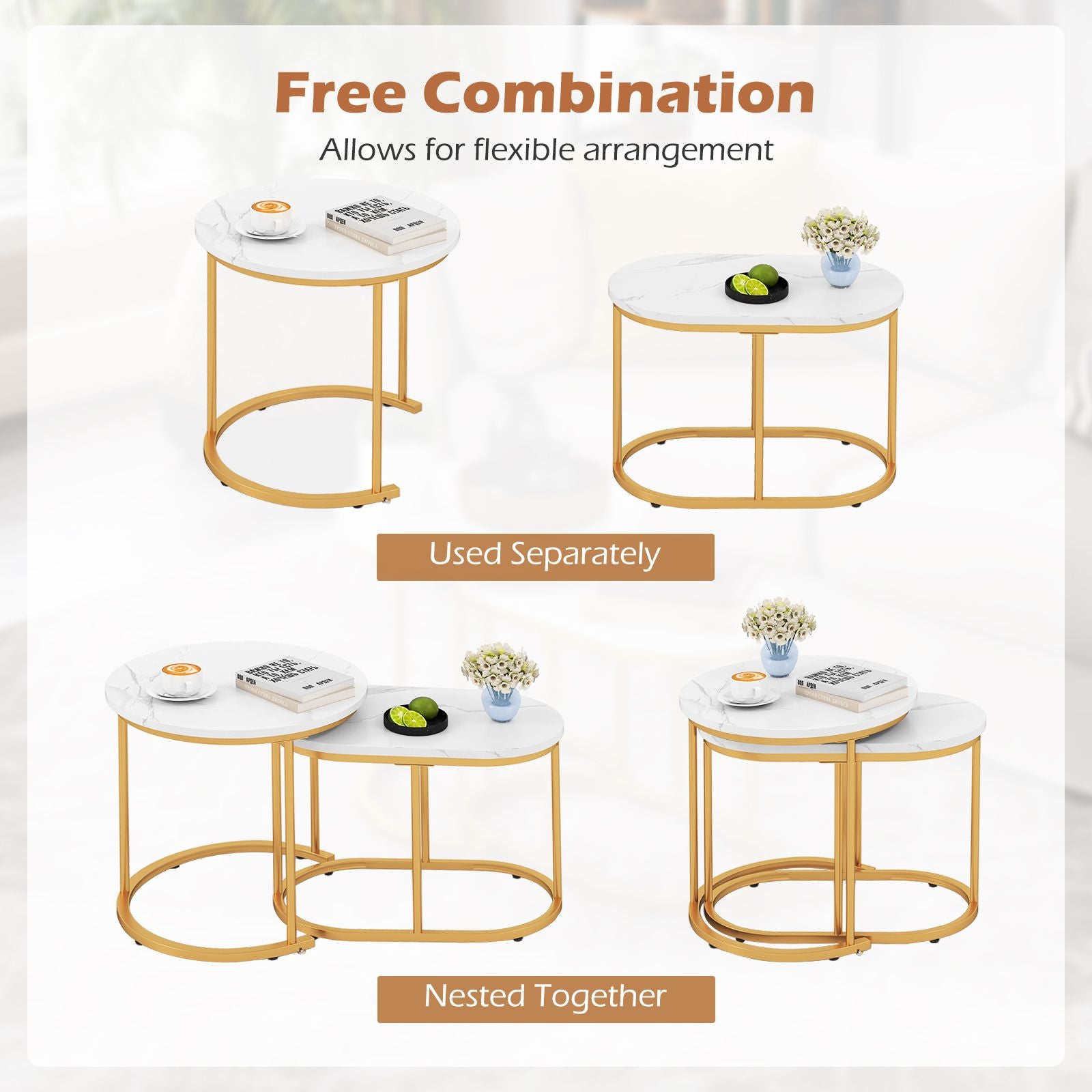 Coffee Table Set of 2 Modern Side Tables with White Faux Marble Top