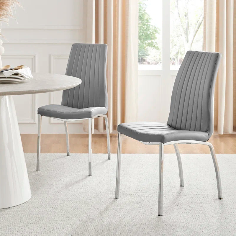 Faux Leather Modern Tall Back Dining Chairs with Chrome Metal Legs & Vertical Stitching