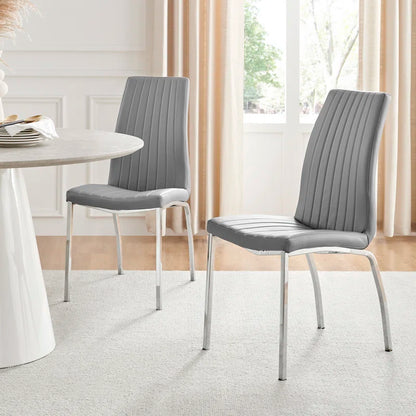Faux Leather Modern Tall Back Dining Chairs with Chrome Metal Legs & Vertical Stitching